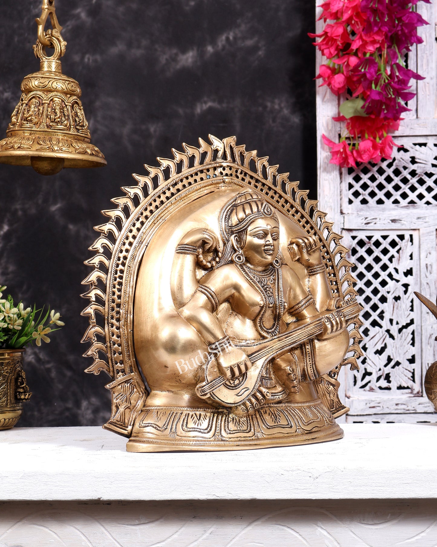 Brass Goddess Saraswati Pindi Roopam Wall Hanging 12 inch