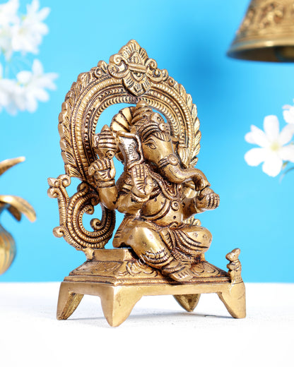 Brass Ganesha on Throne Statue – Highly Carved Divine Idol (6.5 Inches)