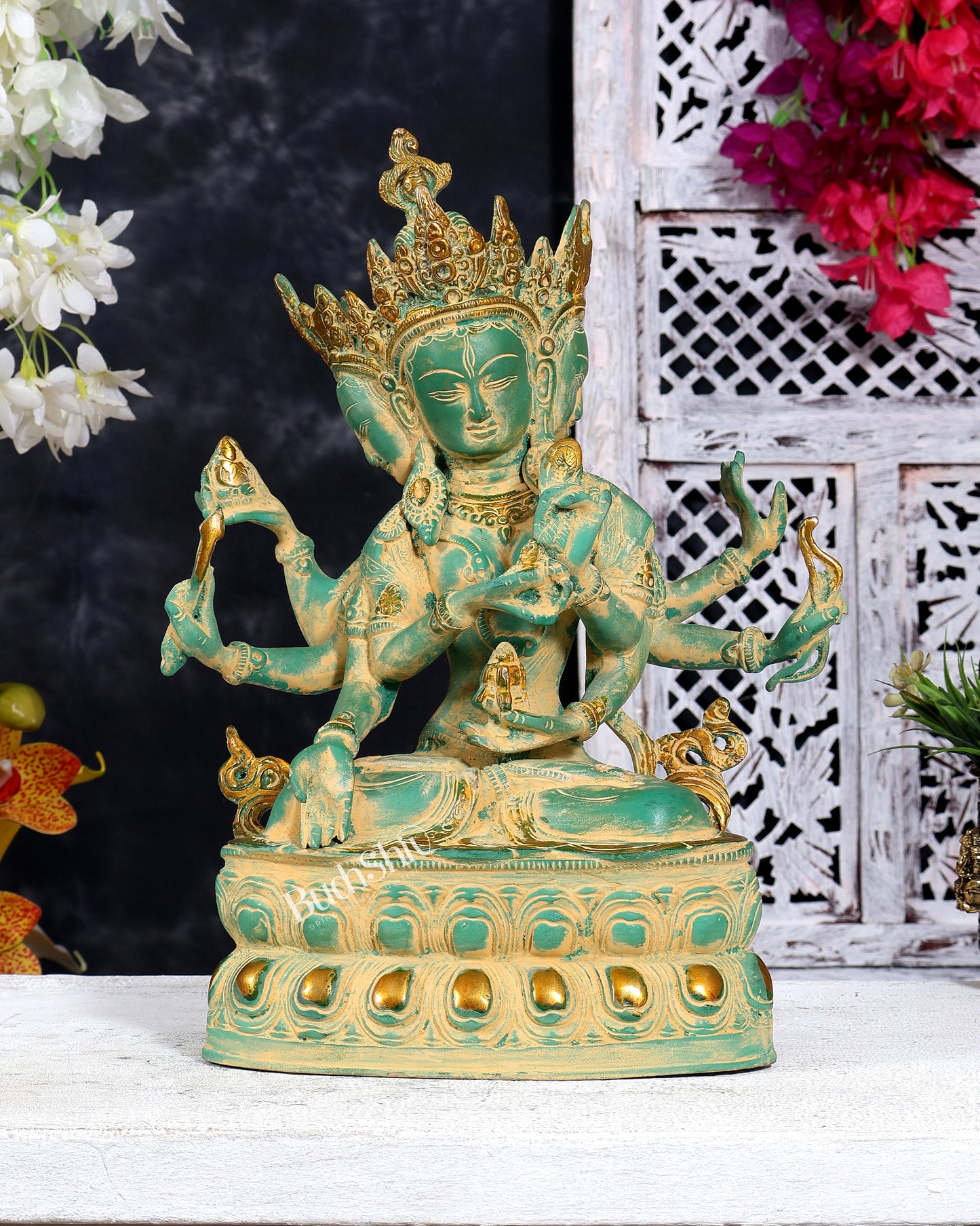 Tibetan Buddhist Deity Ushnishvijaya Brass Statue – Green Sandstone Finish, 5.8 kg