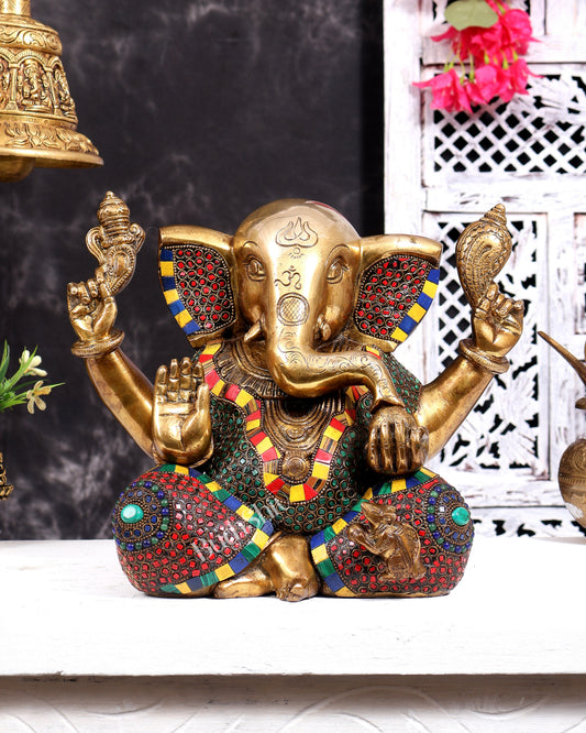 Large Brass Ganesha Statue - 11 Inch beautiful stonework