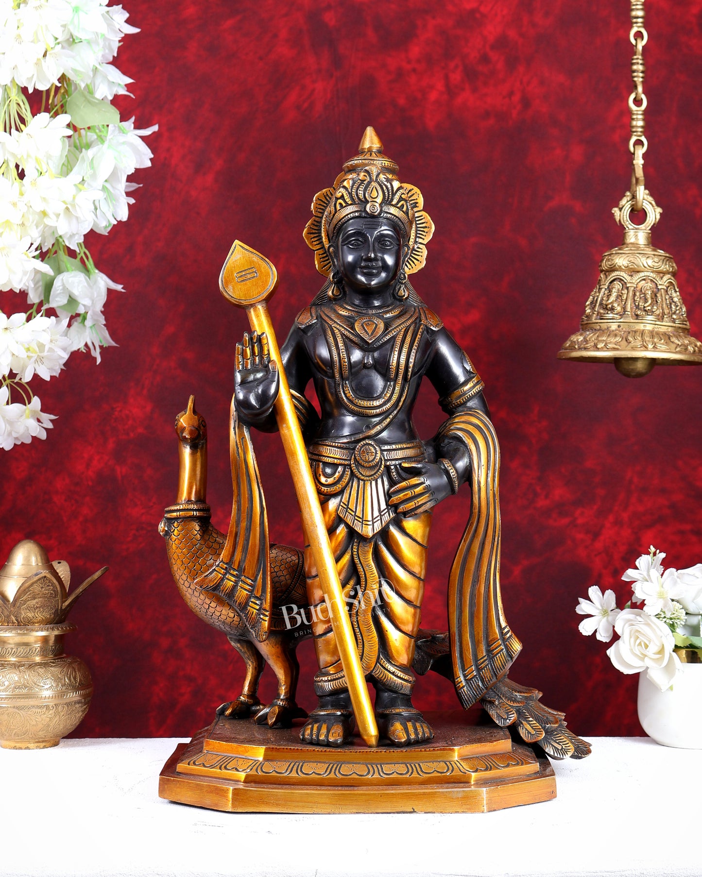 Large Brass Murugan Swamy with Peacock Idol – Black & Golden Finish Highly Detailed Lord Kartikeya Statue (20.5 Inch)