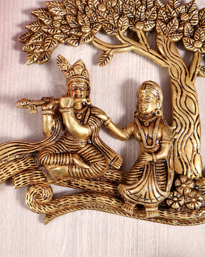 Brass Radha Krishna with Kalpavriksha Tree Wall Hanging | Pure Brass Vrindavan Wall Décor 10 inch wide