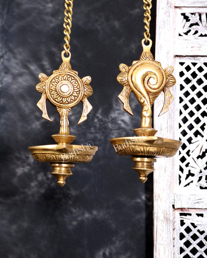 Brass Hanging Shankh and Chakra Lamp with Single Diya — Unique Design