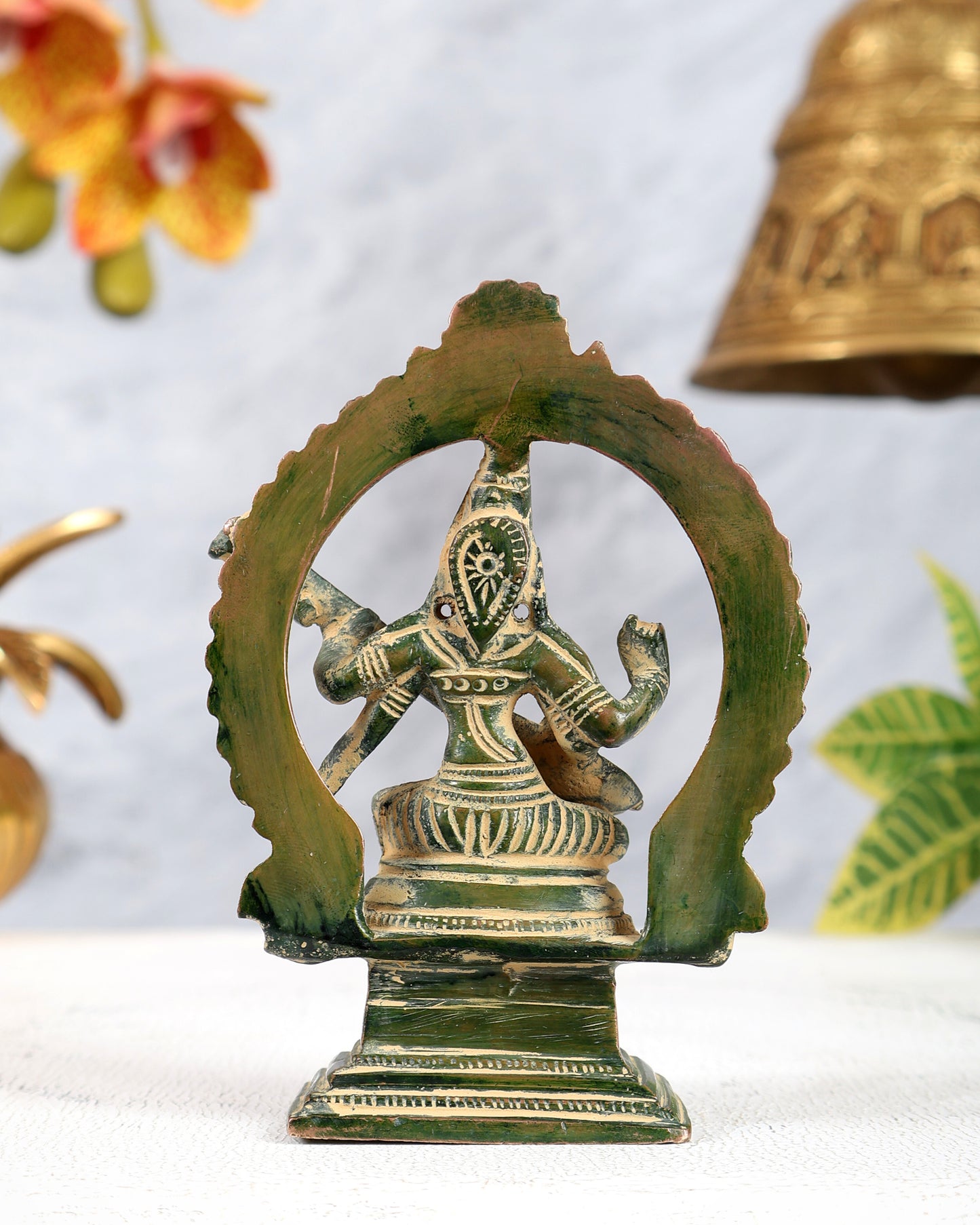 Brass Traditional Goddess Saraswati Idol – Vintage Green Sand Finish Miniature Statue (4.3 Inches)