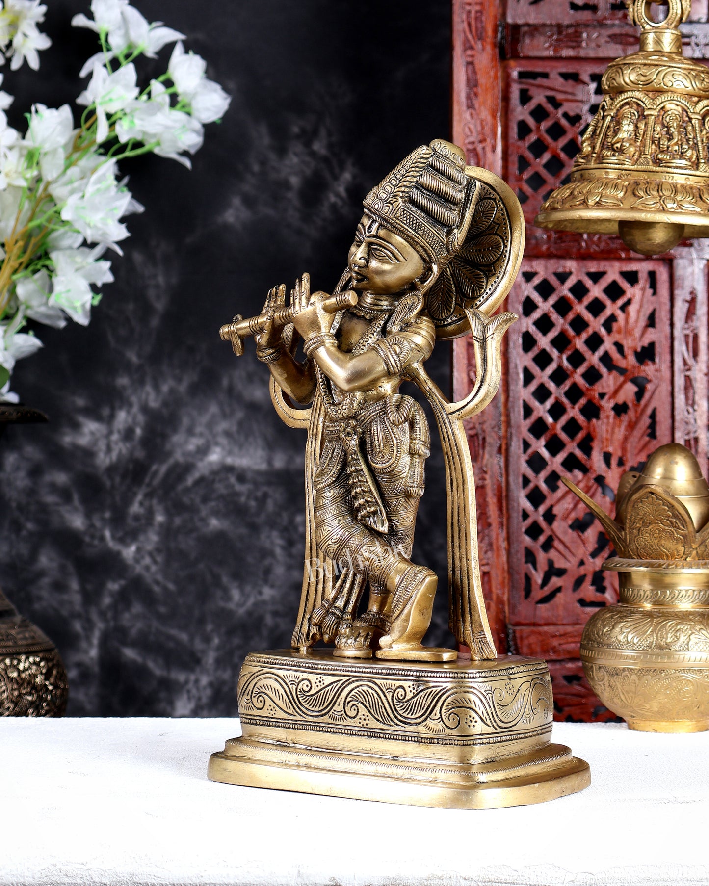 Unique Brass Lord Krishna Statue in Antique Tone – Handcrafted Divine Sculpture 13.5 inch