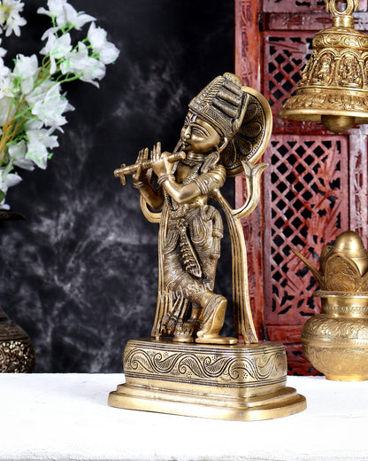 Unique Brass Lord Krishna Statue in Antique Tone – Handcrafted Divine Sculpture 13.5 inch