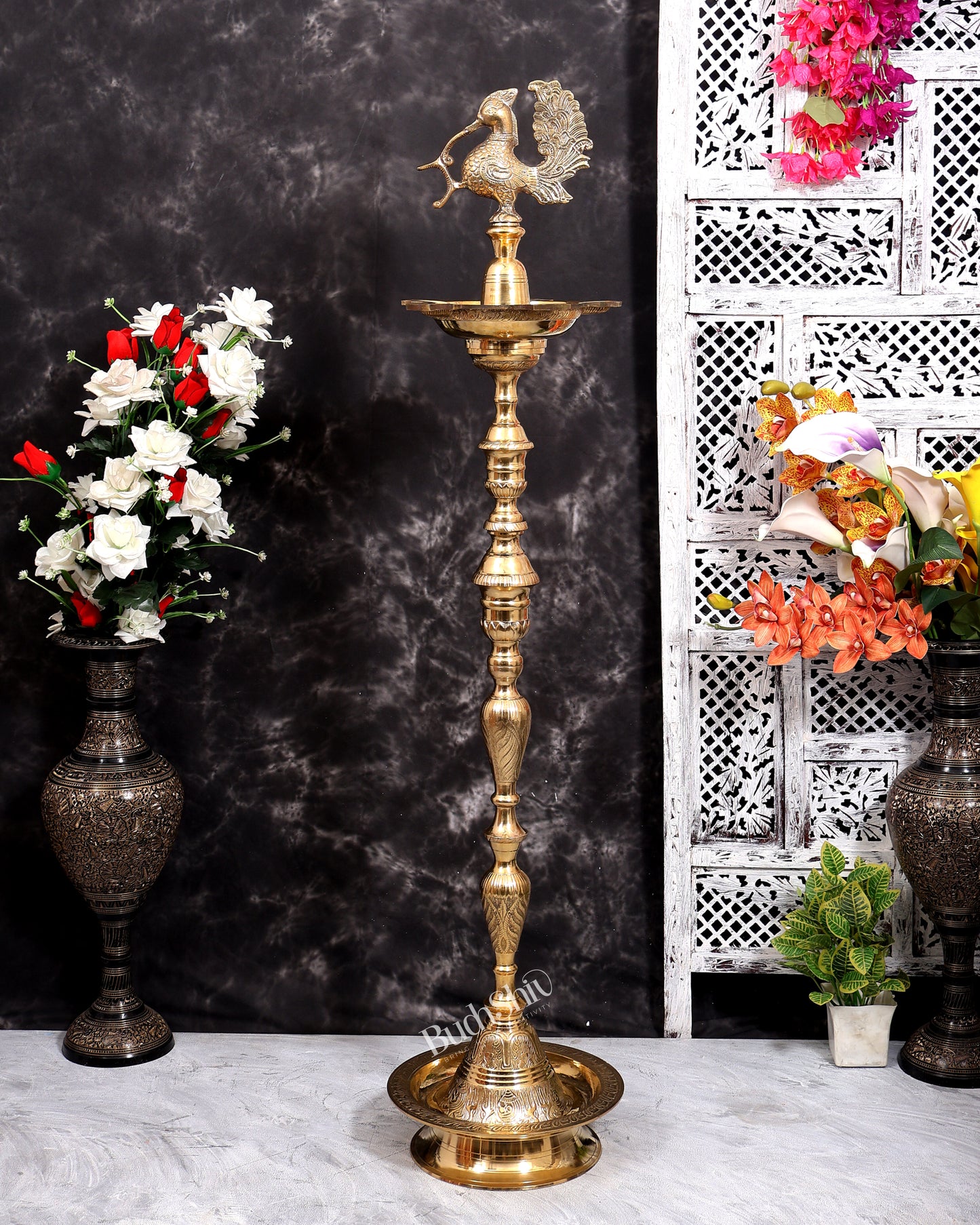 Brass Large Peacock Samai Inauguration Lamp (Pair) 51 inch
