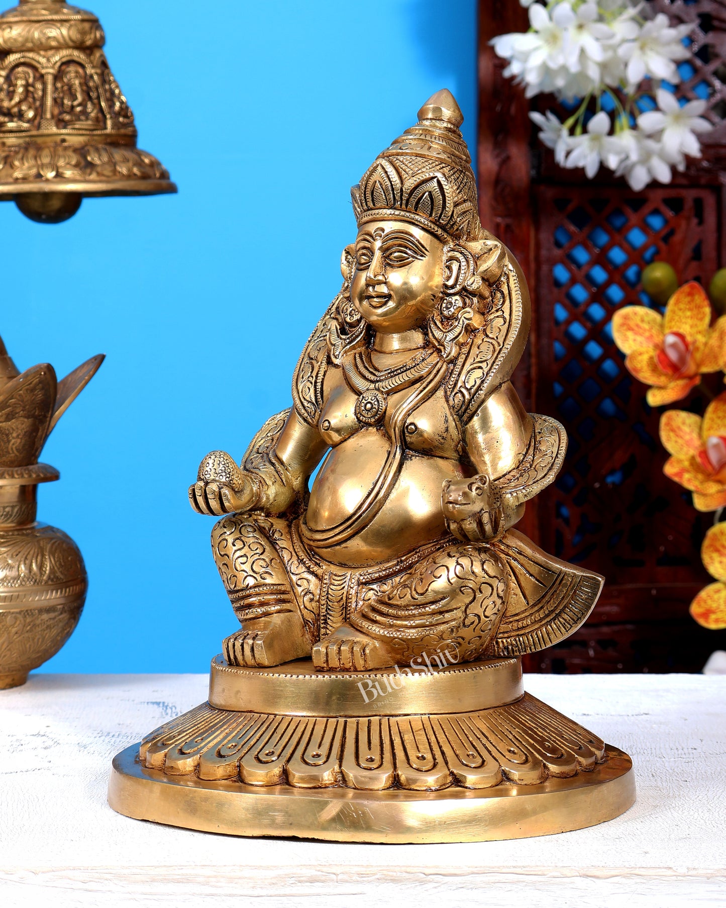 Brass Large Kubera Statue | Pure Brass God of Wealth & Treasure 10.2 inch