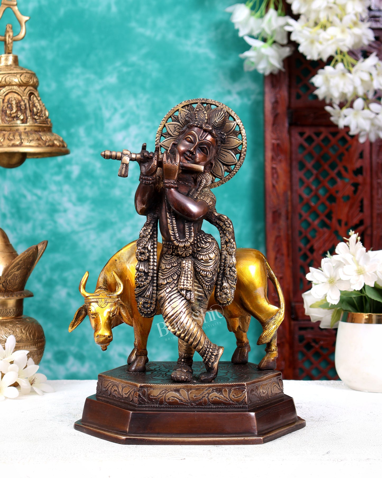 Brass Lord Krishna with Cow statue | 11.5" Height three tone finish