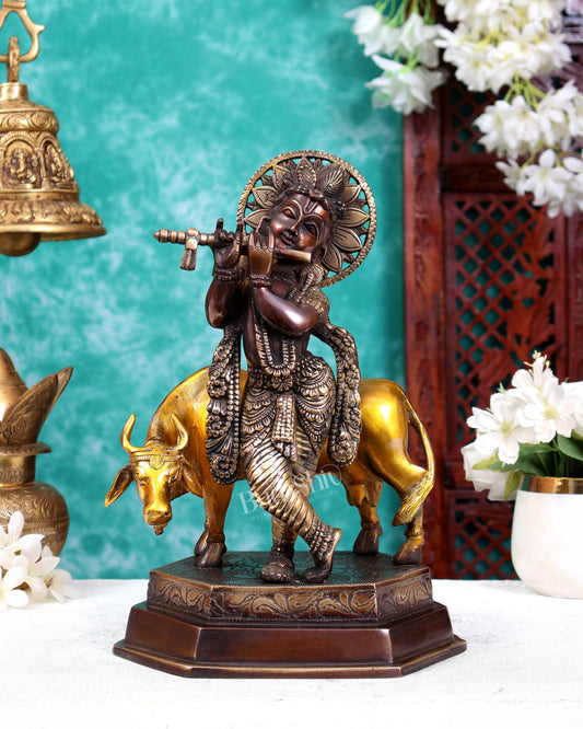 Brass Lord Krishna with Cow statue | 11.5" Height three tone finish