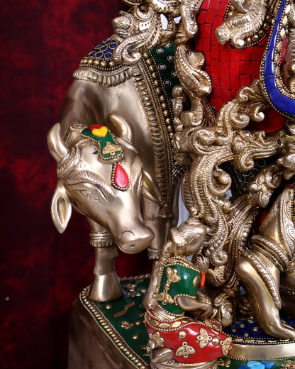 Pure Brass Lord Krishna with Cow with stonework 29 inch