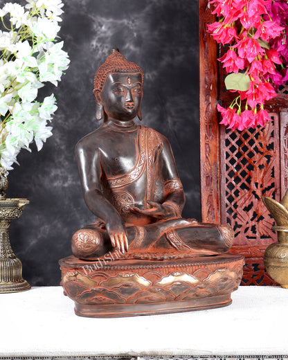 Nepalese Brass Buddha Statue in Three-Tone Black, Red & Silver Patina – Bhumisparsha Mudra Handcrafted Sculpture 16 inch