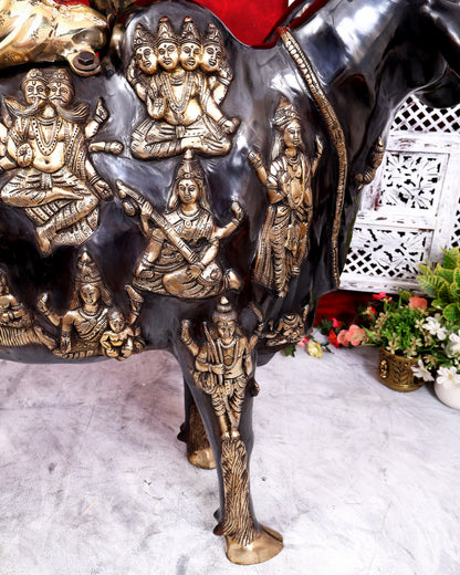 Brass Large Krishna Sitting on Cow Statue — Black and Gold Finish 43 inch tall