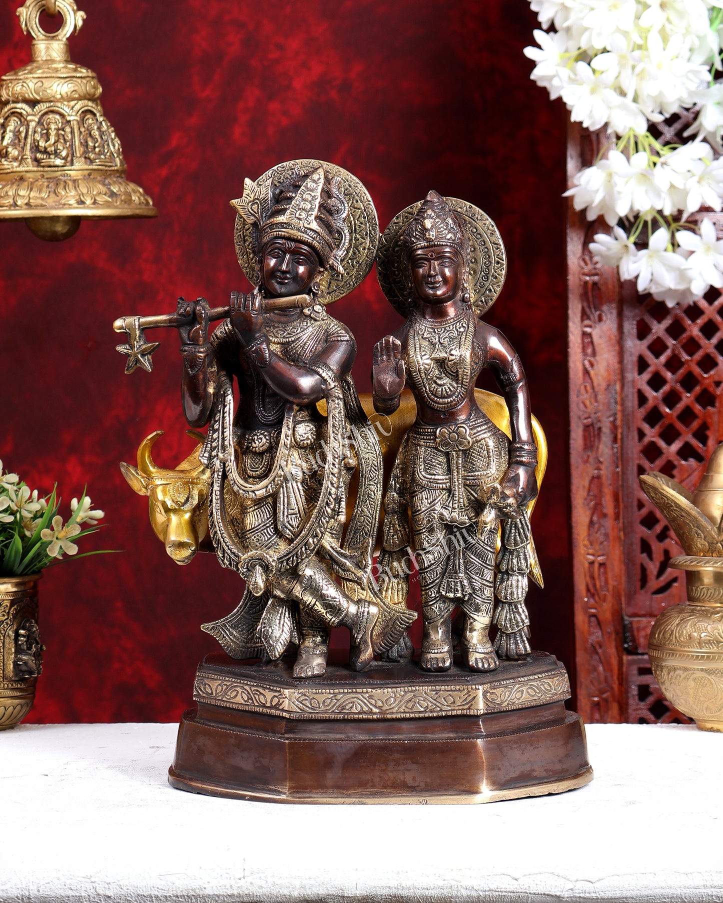 Brass Radha Krishna with Cow Idol – Three Tone Antique Finish 13 inch