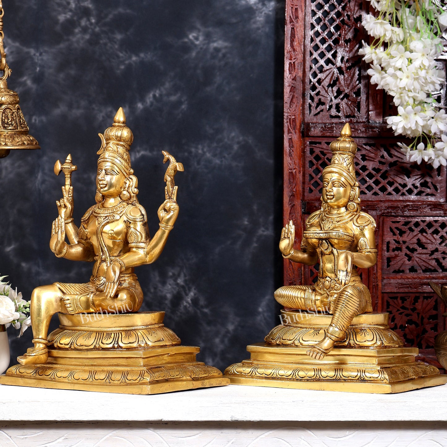 Brass Shiva & Parvati Sitting Statue | Uma Maheshwara 16.5 inch
