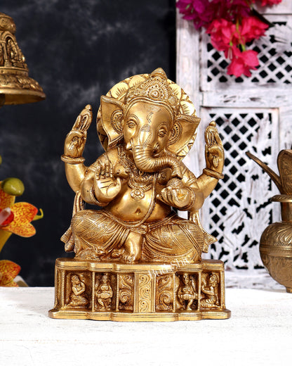 Unique Brass Ganesha Statue with Base Carvings 8 inch