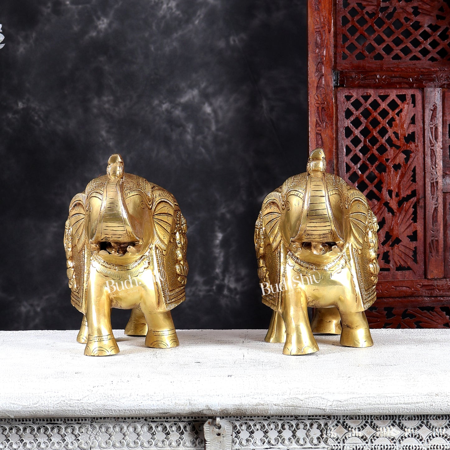 Brass Elephant with Gajalakshmi & Gaja Ganesha Carvings | Handcrafted Antique Finish | Pure Brass Vastu Décor