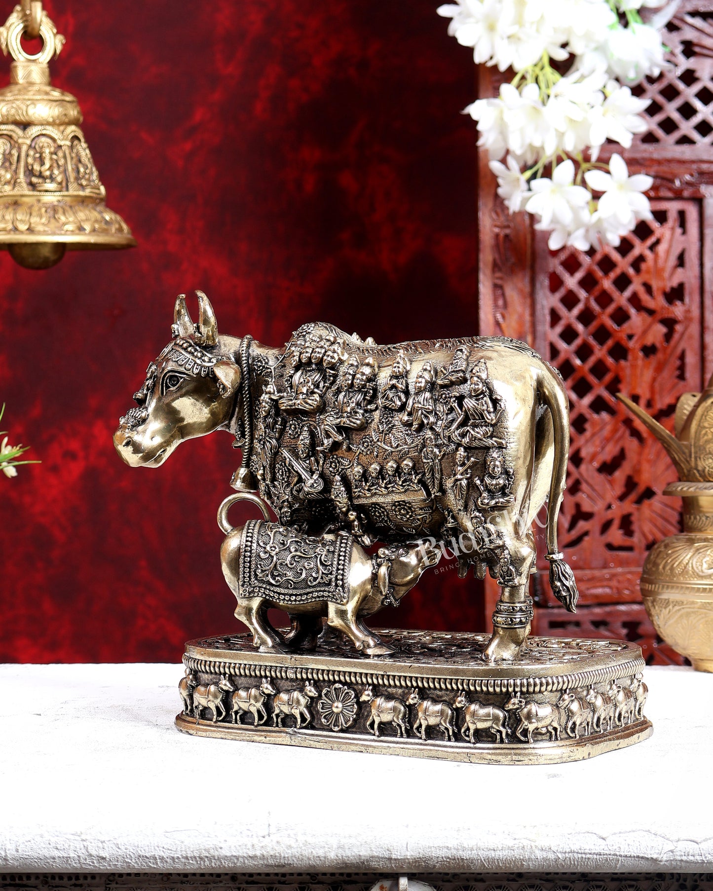 Brass Kamdhenu with Calf – All Gods Engraved Divine Idol 8 inch