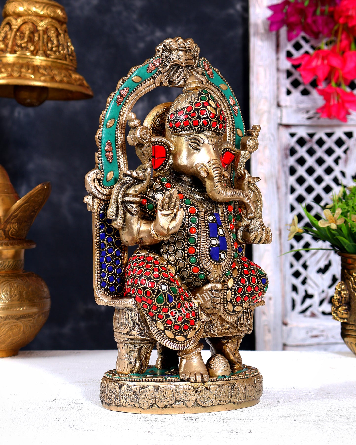 Pure Brass Lord Ganesha Seated on a Throne Statue 10" with stonework