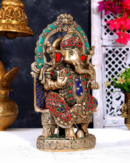 Pure Brass Lord Ganesha Seated on a Throne Statue 10" with stonework