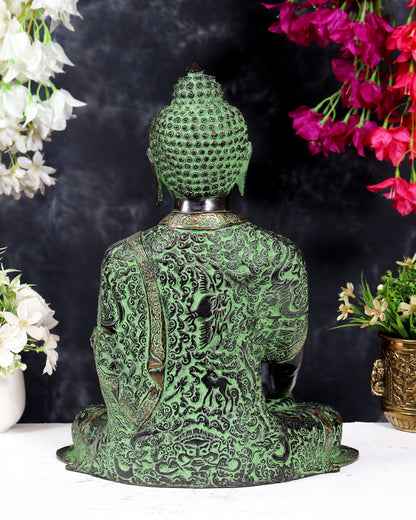 Pure Brass Buddha Statue — Black Green Sand Patina Tone 14 inch