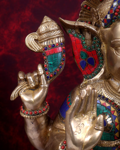 Pure Brass Lord Ganesha Statue - 20 Inch with stonework