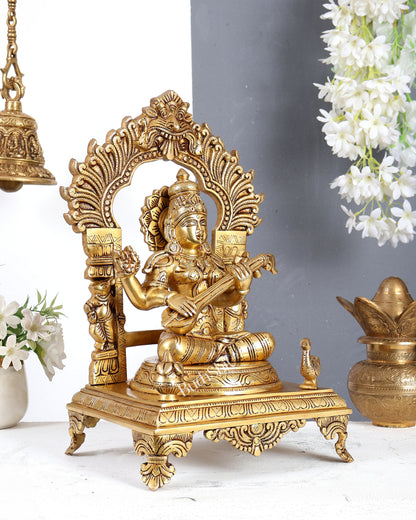 Brass Goddess Saraswati with Swan, Kalash & Prabhavali Idol – Handcrafted Temple Sculpture 14 inch
