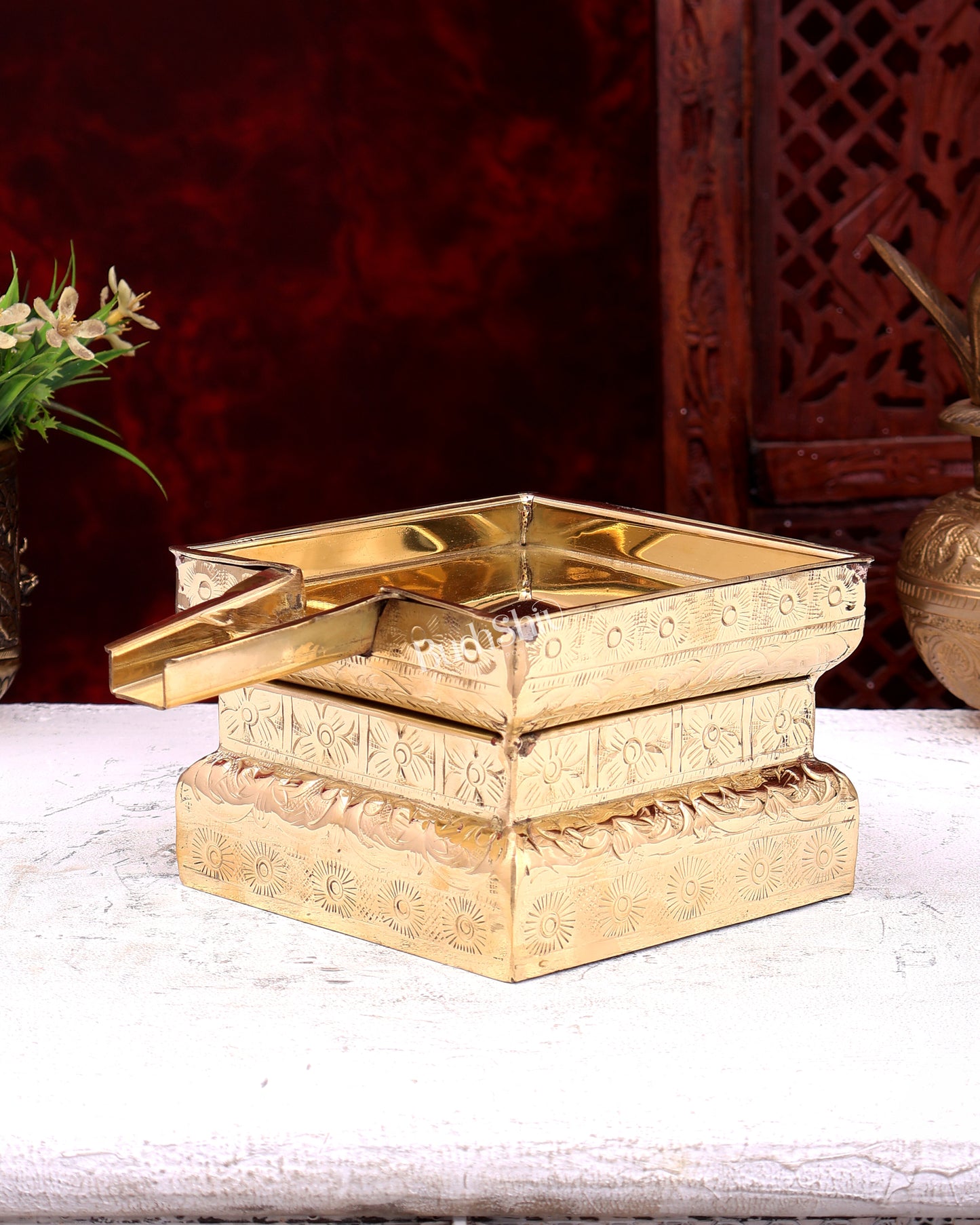 Brass Superfine Abhishekh Patra | Daily Ritual Vessel with Idol Platform | Pure Brass Pooja Accessory 5.25 inch