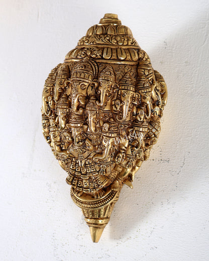 Brass Mahaganapati Shankh – Intricately Detailed Auspicious Lord Ganesha Conch Sculpture 8.5 inch