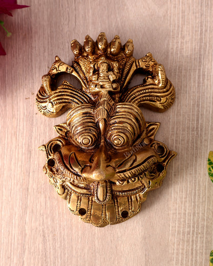 Brass Kirtimukha Yali Face Wall Hanging – Sacred Temple Guardian Décor (5.5 Inch, 800 GM) golden tone