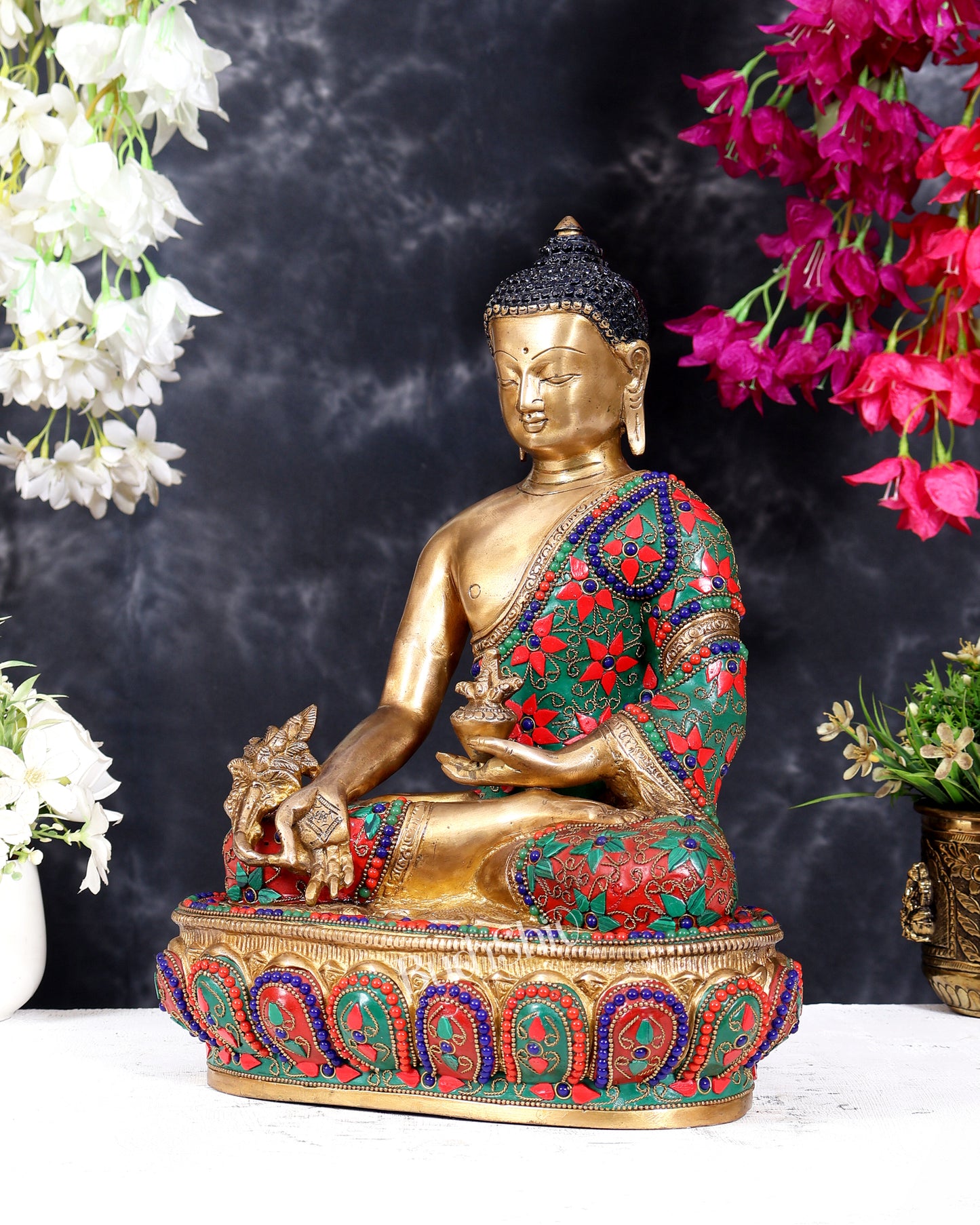 Pure Brass Buddha medicine Floral Stonework Statue - 13.5 inch