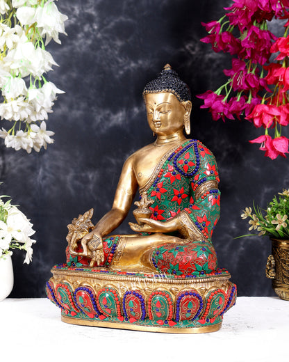 Pure Brass Buddha medicine Floral Stonework Statue - 13.5 inch