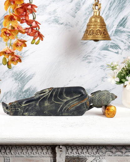 Brass Sleeping Buddha Statue – Vintage Black & Green Sand Finish Reclining Sculpture (13 Inches)
