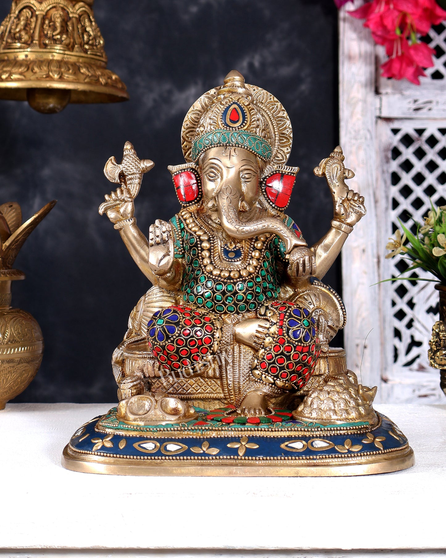 Pure Brass Lord Ganesha Idol - 9 inch with Stonework