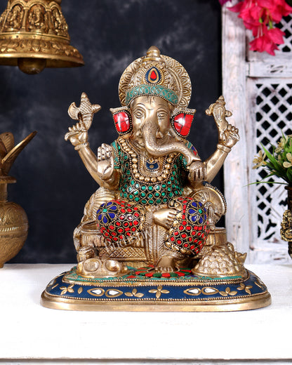 Pure Brass Lord Ganesha Idol - 9 inch with Stonework
