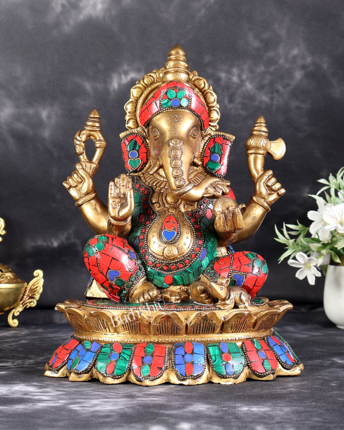 Brass Lord Ganesha on Lotus Idol - 12 Inch