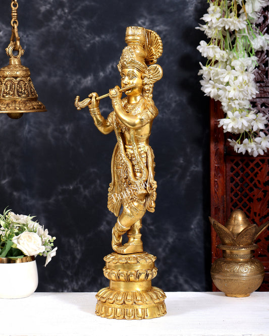 Brass Krishna Statue Unique Design | Pure Brass Lord Krishna Sculpture 20 inch