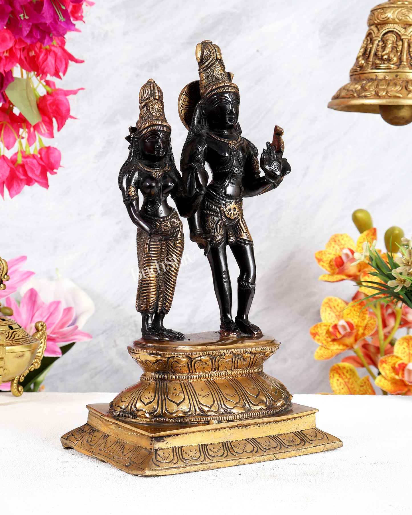 Black Finish Brass Shiva Parvati Standing Idol – Divine Harmony & Eternal Union Sculpture