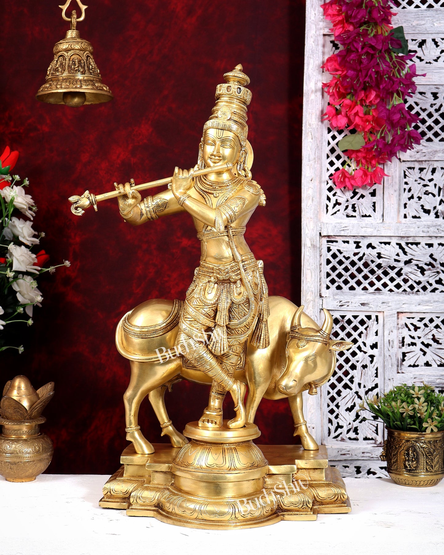 Brass Krishna with cow sleek and simple Sculpture 27 inch