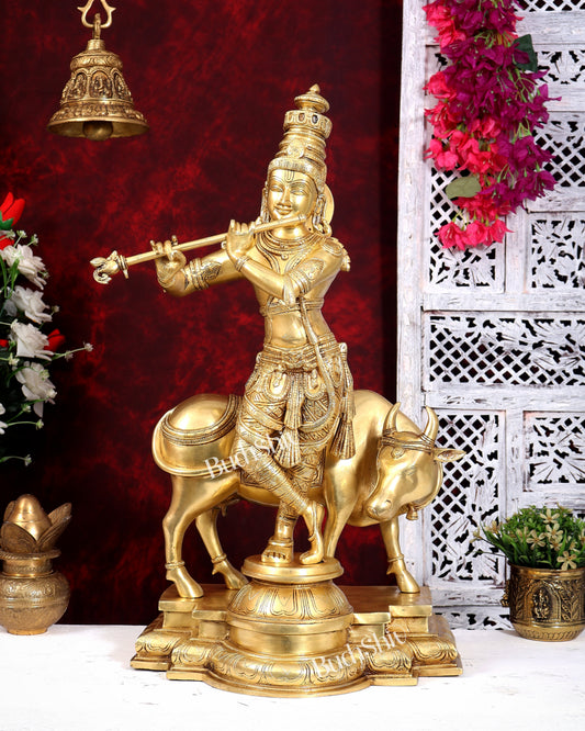Brass Krishna with cow sleek and simple Sculpture 27 inch