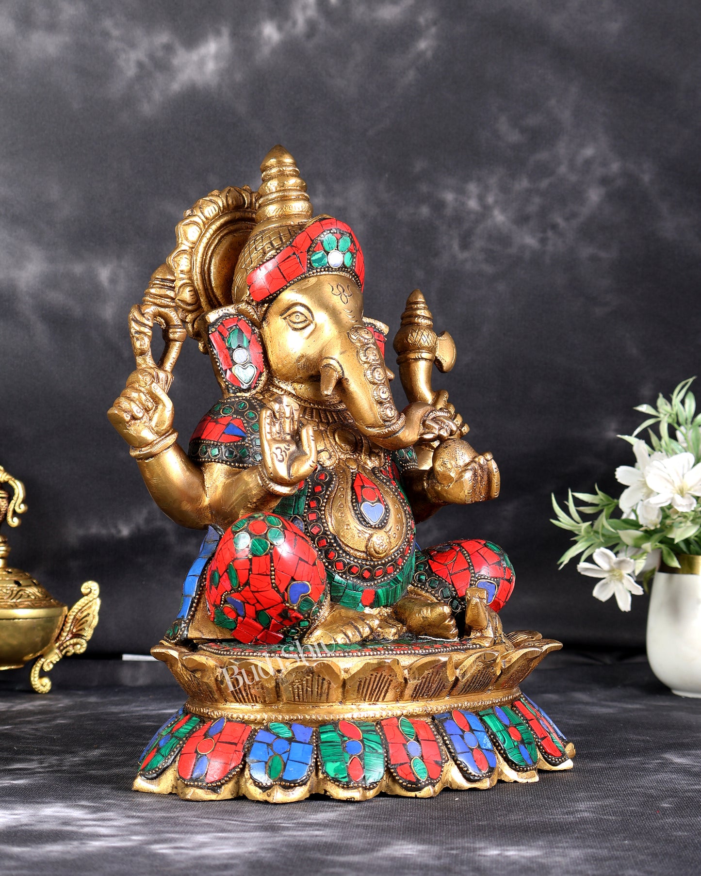 Brass Lord Ganesha on Lotus Idol - 12 Inch