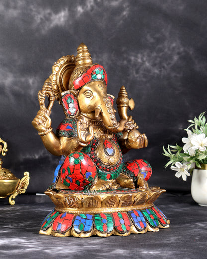 Brass Lord Ganesha on Lotus Idol - 12 Inch