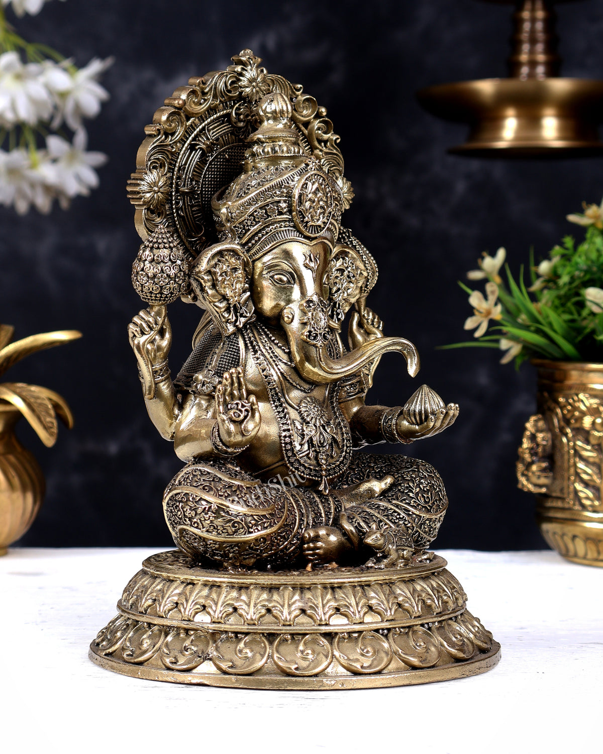 Brass Superfine Cross-Legged Ganesha Statue with Aureole 8 inch
