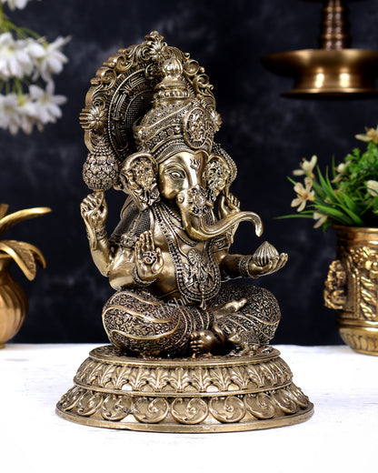 Brass Superfine Cross-Legged Ganesha Statue with Aureole 8 inch