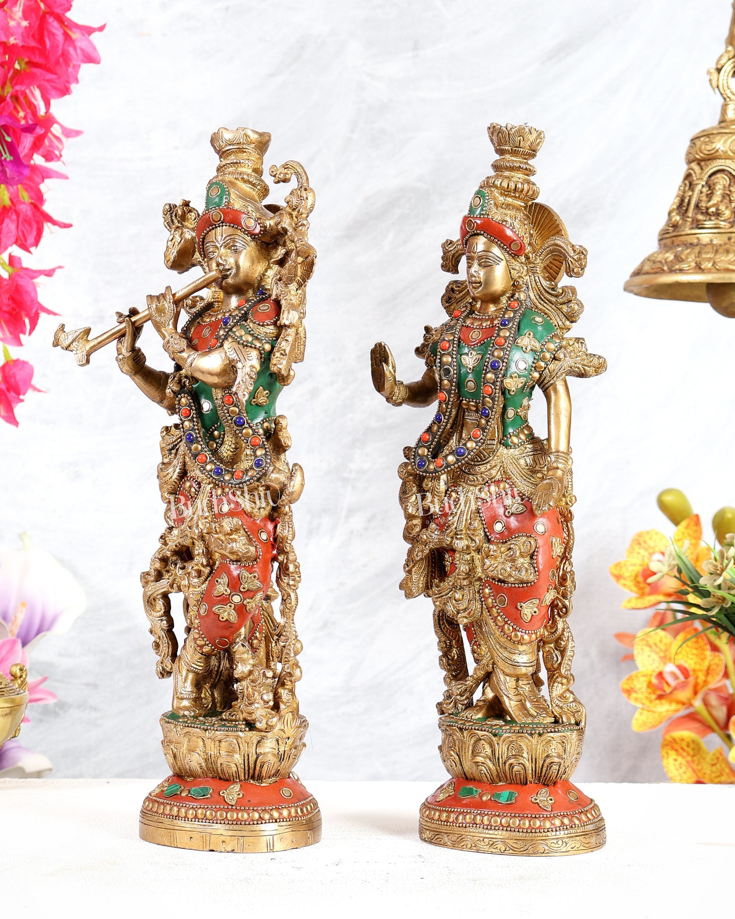 Brass Radha Krishna Statues 14 inch with meenakari