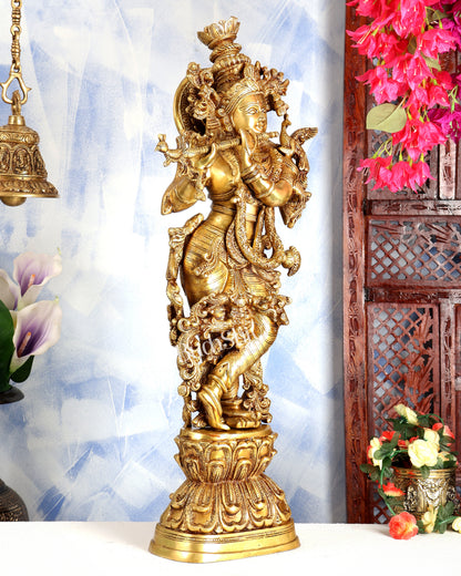 Premium Brass Lord Krishna Statue – Butter Gold Tone Handcrafted Divine Sculpture 30 inch