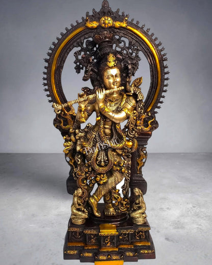 Pure Superfine Brass Krishna Statue with Large Embossed Prabhavali (32 Inch) three tone
