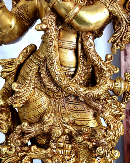 Premium Brass Lord Krishna Statue – Butter Gold Tone Handcrafted Divine Sculpture 30 inch