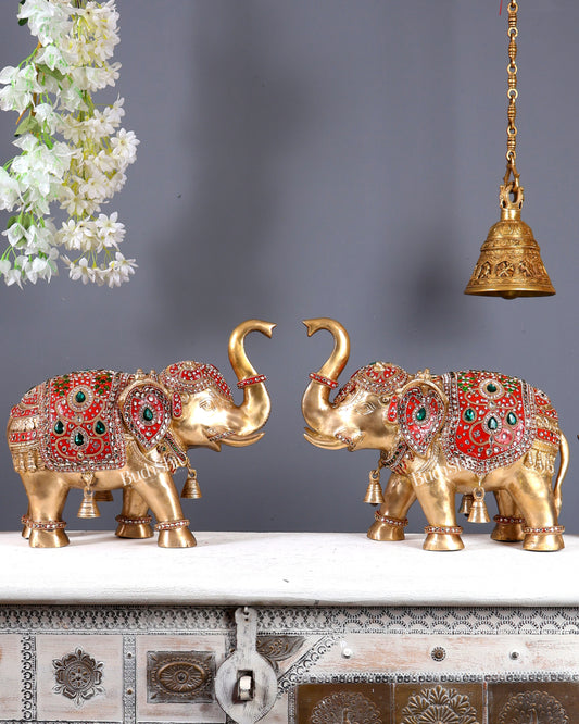Brass Maharaja Elephant Pair – Rajasthani Meenakari & Stone Work Royal Décor Set (12.5 Inches)