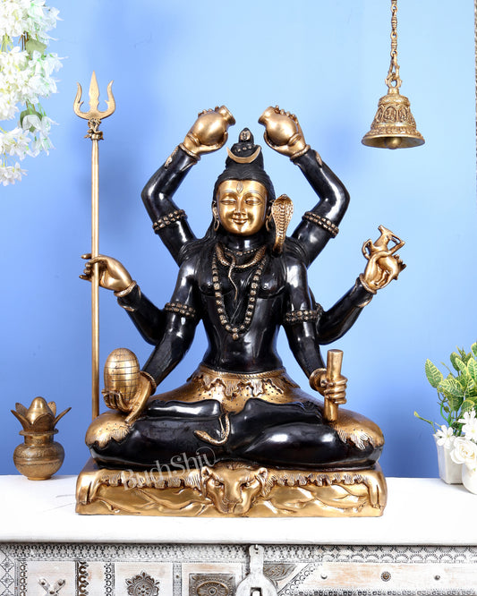 Six-Armed Brass Shiva Statue Mahamrityunjaya 30 inch black edition